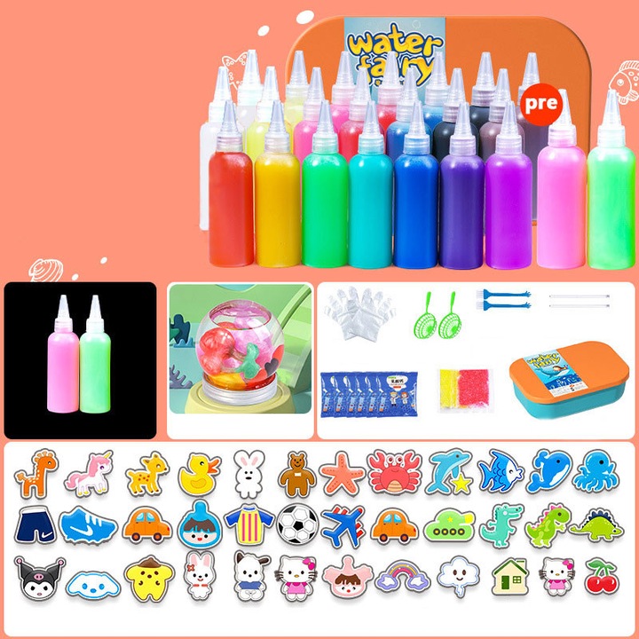 Set creativ pentru copii OVERTANG, kit Aqua Fairy Water Gel cu 28 sticle de gel magic si 36 forme, jucarii de apa pentru copii, activitate DIY de vara