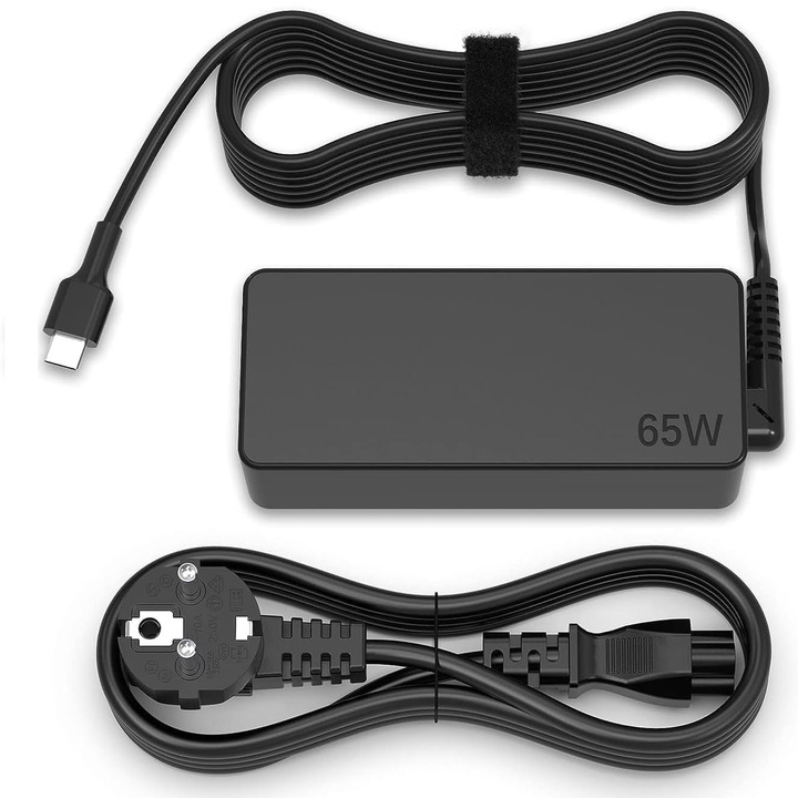 Lenovo Laptop Töltő, USB-C, 20V-3.25 Ah, 65W, Kompatibilis Thinkpad T480 T580 X1, Yoga 2nd 3rd 4th, Kábelhossz 150 cm + 170 cm, Fekete