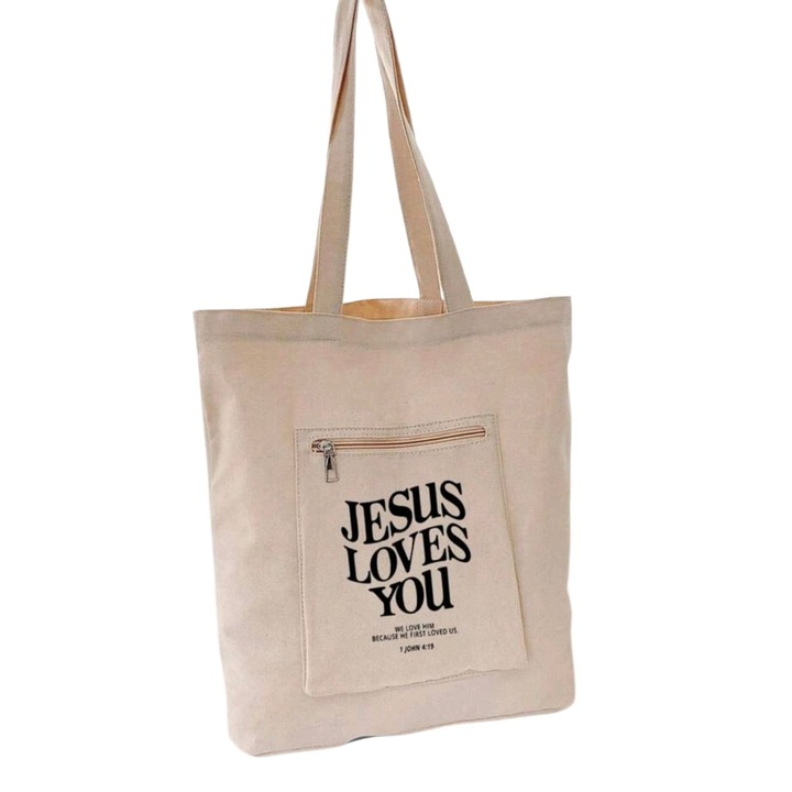 Textil bevásárlótáska, nyomtatással és cipzárral, bézs, 34x7, 5x38m