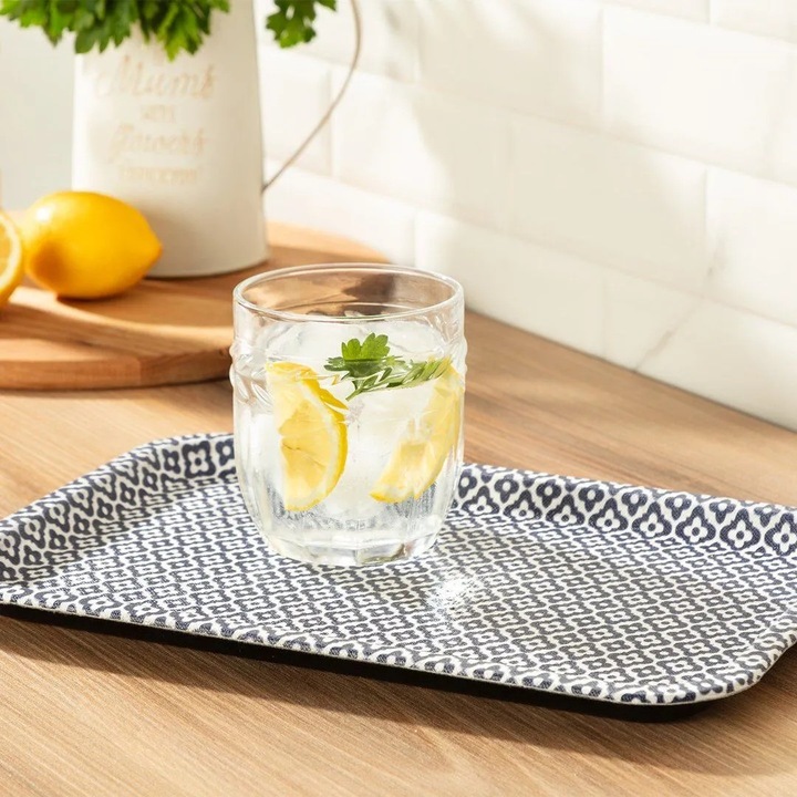 Tava de servire rectangulara, Madame Coco, plastic antiderapant, 31x21x2cm, model flori albastre si albe