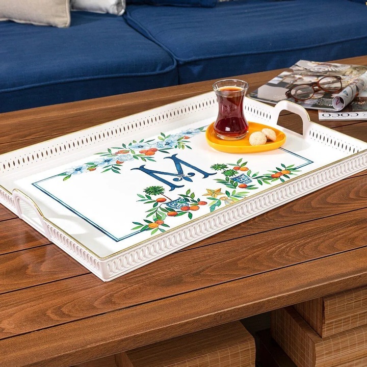 Tava servire, Madame Coco, Rimini, dimensiune 52x39x4cm, alb cu motive colorate, set 1 bucata