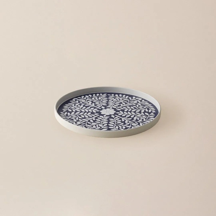 Tava de servire, Madame Coco, rotunda, plastic, albastru inchis/alb, 22x22x2 cm