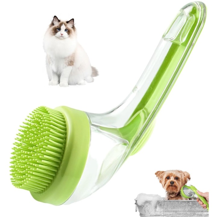 Perie 2 in 1 spalat si masaj caini si pisici, rezervor sampon, peri din silicon, Verde