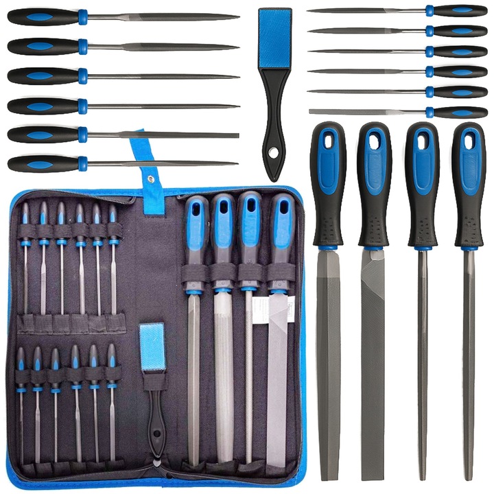 Set Piloni Si Ace Pentru Metal Si Lemn, Profesional, 17 Elemente De Forme Diferite: Plate, Triunghiulare, Patrate, Rotunde, Semicirculare, Manere Ergonomice Pentru Confortul Muncii