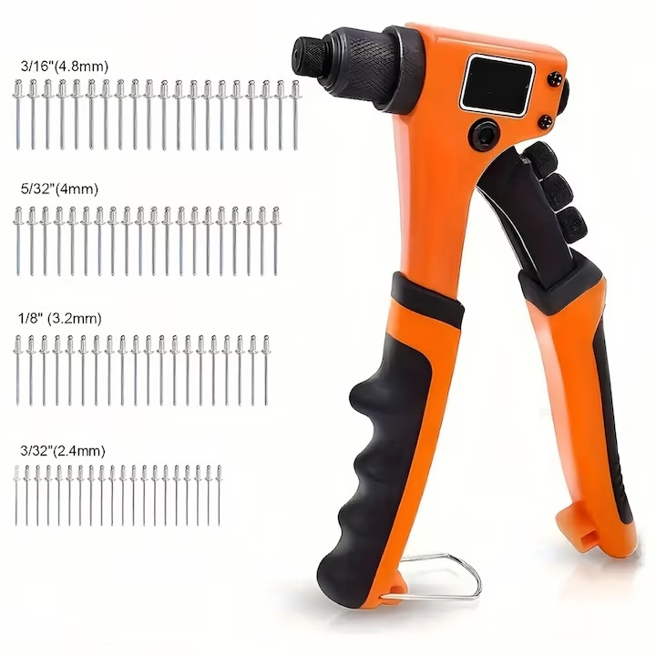 Cleste pop nituri cu cap rotativ, MOSMAOO®, Compatibil cu nituri 2.4 / 3.2 / 4.0 / 4.8 mm, 4 duze si 80 nituri, Potrivit pentru metal, Lemn si plastic, Portocaliu