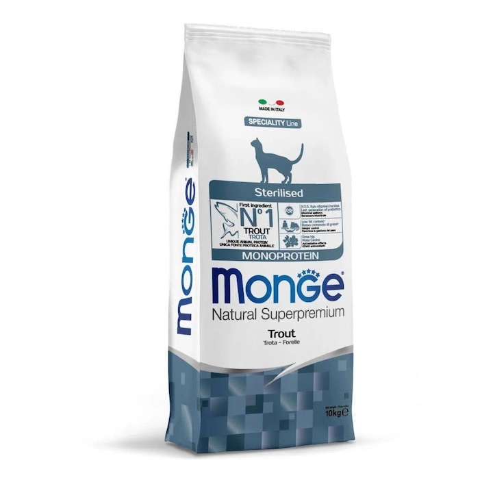 Hrana Uscata pentru Pisici Premium, Monge Natural Superpremium Monoprotein Sterilised Cat, Pastra, 10kg