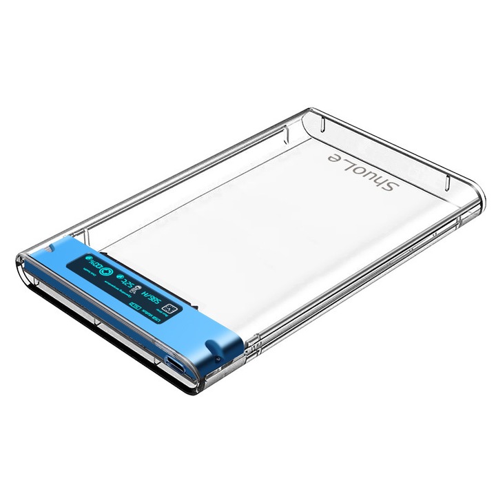 Carcasa Externa SSD/HDD 2.5" U25TY3.1-P-AC, USB 3.1 Type-C + Adaptor, Display Ecran Color, Transfer 5Gbps, Transparent Light Blue