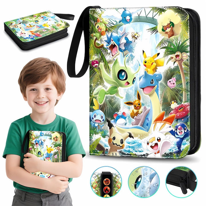 Pokemon kártya album, AjieQaQ, 4 rekeszes, 400 férőhelyes, tartós anyag, Yu-Gi-Oh/Magic számára, gyűjtőknek ajándék 24x18x5cm, többszínű