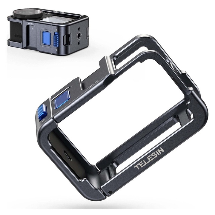 Carcasa De Protectie Pentru Camera Sport Telesin Incheietura Mainii Si Instructiuni De Montaj, Telesin, Aluminum Cage Pentru Dji Action 5/4/3, Constructie Ultrausoara 54G, Montaj Cold Shoe - Accesorii Suplimentare Pentru Iluminat Si Audio, Negru