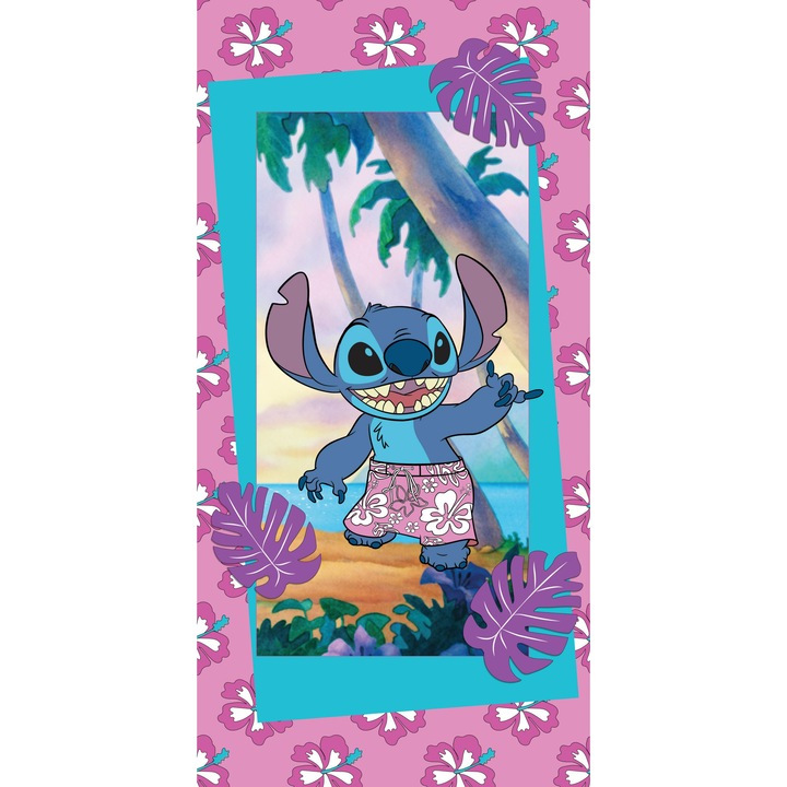 Плажна кърпа Halantex, Lilo and Stitch, Памук, Розова, 70x140 см