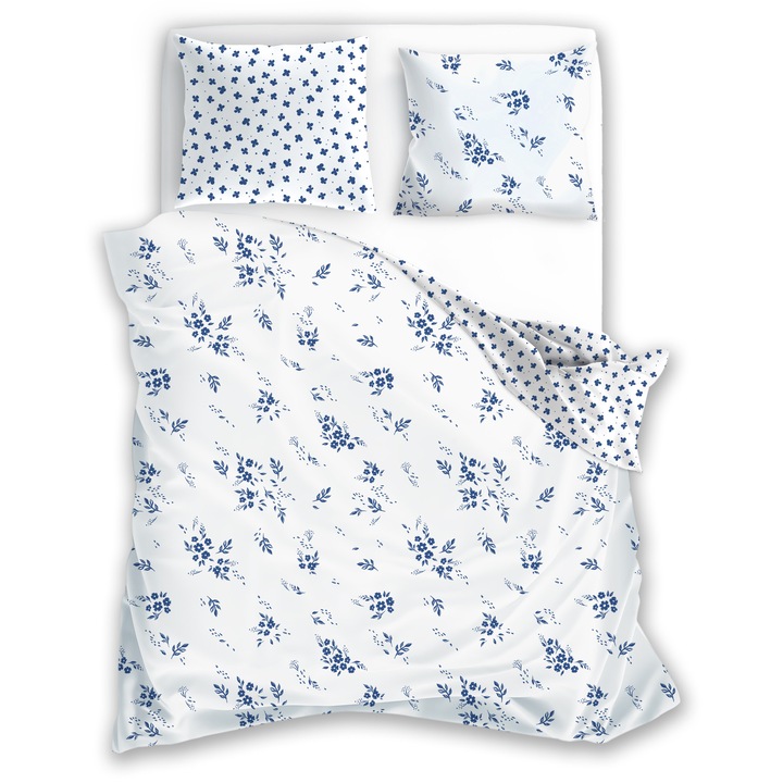 Ágyneműgarnitúra, Faro, 220x200cm, szatén pamut, fehér-kék, 2 darab