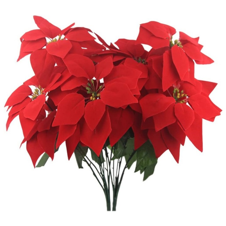 Set 6 buchete decorative flori artificiale 5 flori si 30 frunze per buchet, total 30 flori 180 frunze potrivite pentru decorarea interioara nunti evenimente sau Craciun