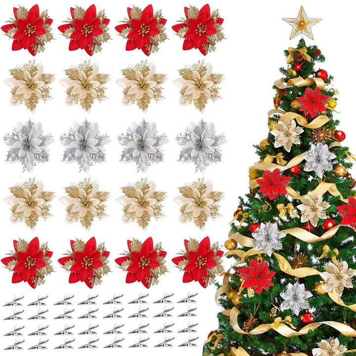 Set 30 flori decorative de Craciun de 14 cm cu cleme trei culori din care puteti alege pot fi folosite pentru brazi Craciun petreceri decoratiuni interioare si exterioare