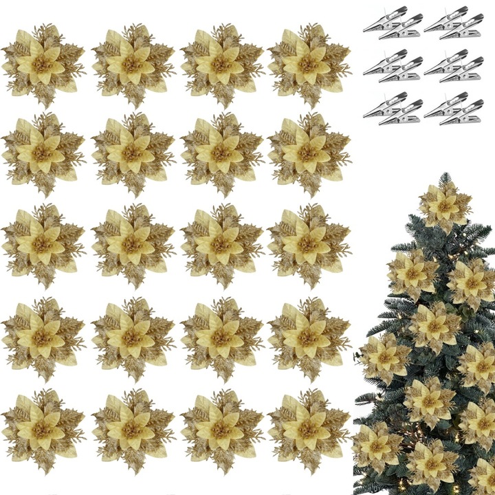 Set 20 flori decorative Craciun de 14 cm cu cleme diverse culori din care puteti alege pentru bradul Craciun petreceri decoratiuni interior si exterior, aur