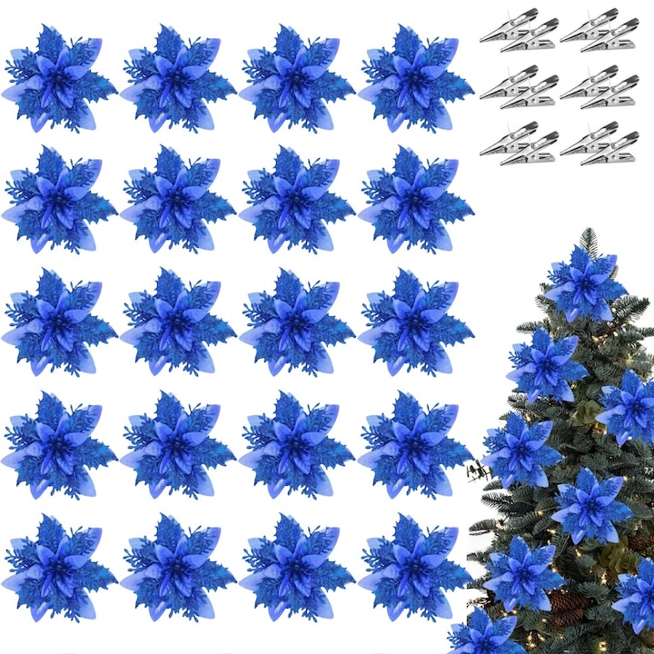 Set 20 flori decorative Craciun de 14 cm cu cleme diverse culori din care puteti alege pentru bradul Craciun petreceri decoratiuni interior si exterio, albastru
