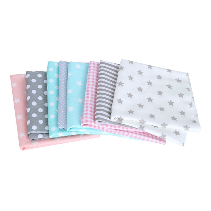 Set de 8 bucati material textil din bumbac imprimat, model stea si punct, 50x50cm