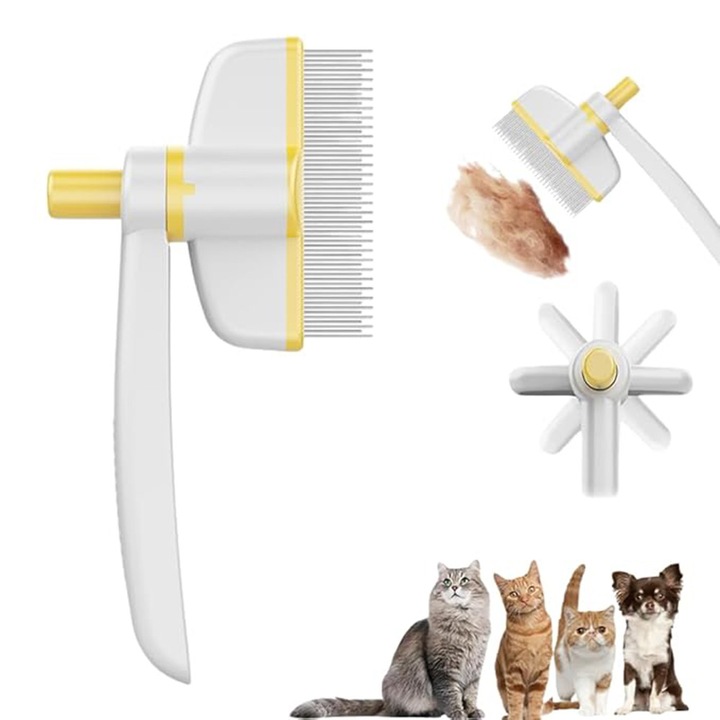 Perie pentru Caini si Pisici Miraza, Dinti Metalici Desi, Auto-Curatare, Indeparteaza Parul Cazut si Puricii, Design Rotativ, Alb-Galben