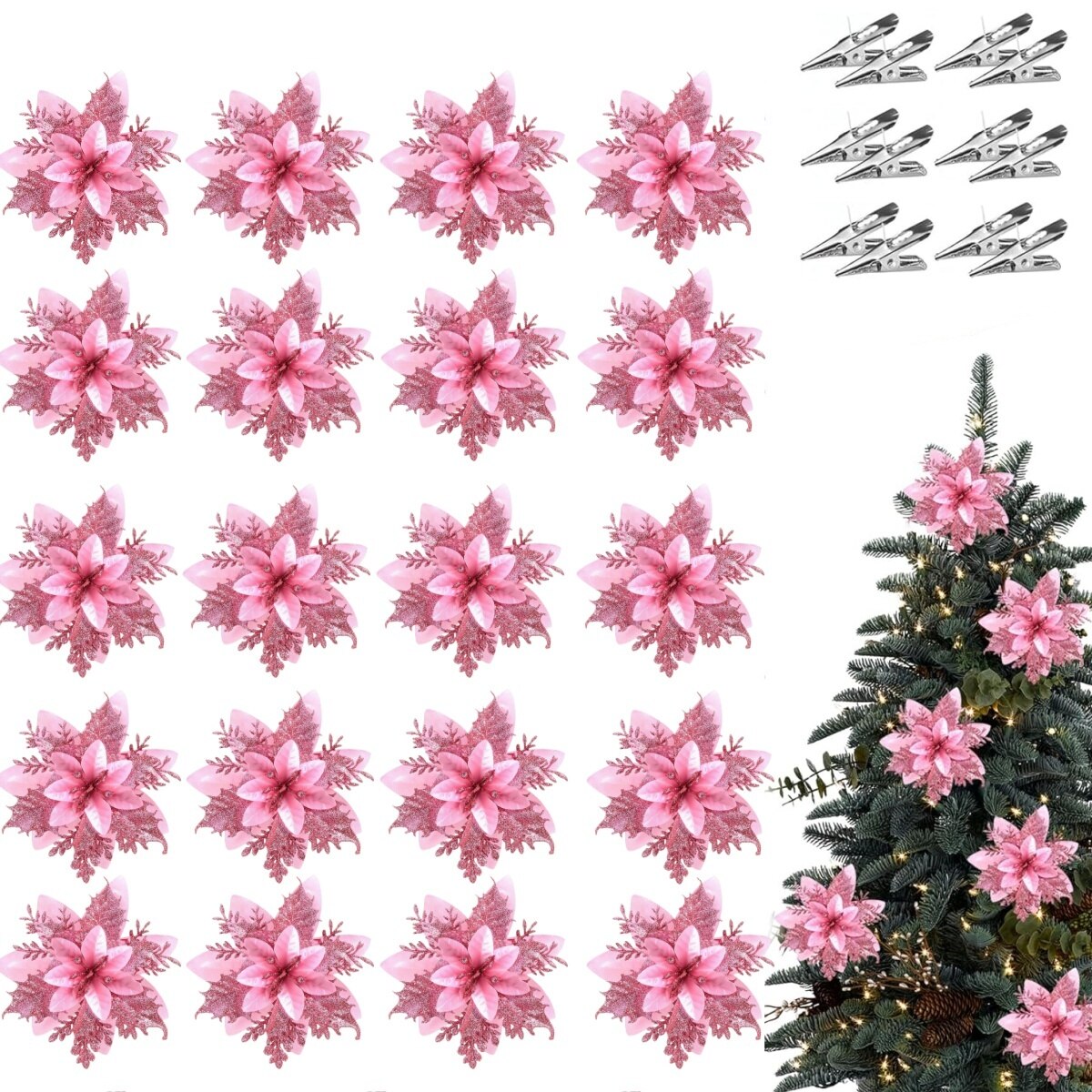 Set 20 flori decorative Craciun de 14 cm cu cleme diverse culori din ...