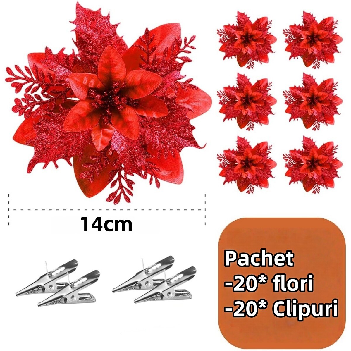 Set 20 flori decorative Craciun de 14 cm cu cleme diverse culori din ...