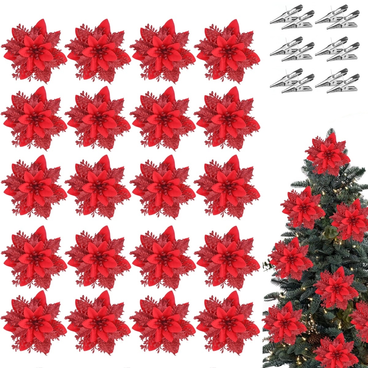 Set 20 flori decorative Craciun de 14 cm cu cleme diverse culori din ...