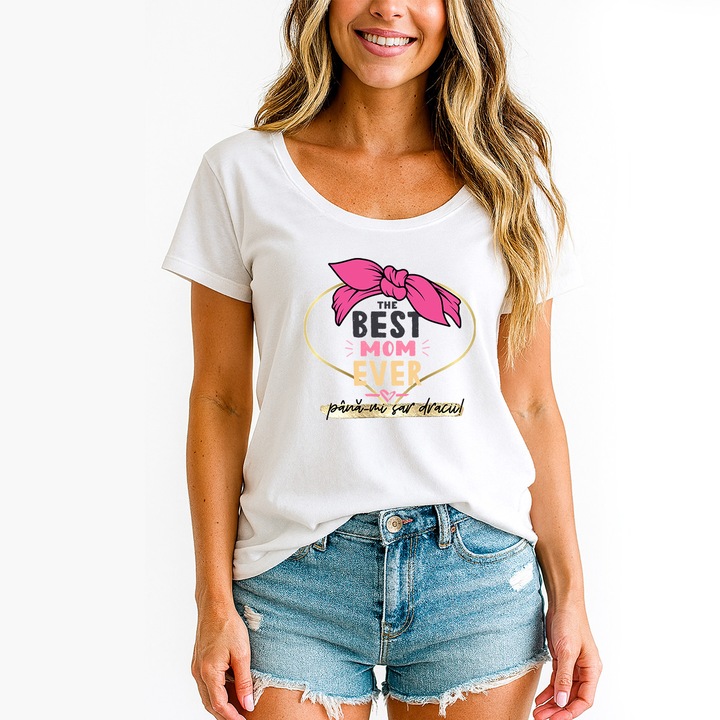 Tricou Alb 100% Bumbac 160 g/mp Pentru Dame JOYSTOS - Design Amuzant Best Mom Ever - Cadou Pentru Mama, Ziua Mamei, Aniversare, 8 Martie, Craciun, Marime XL