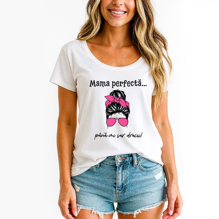 Tricou Dama, Alb, JOYSTOS, Din Bumbac Cu Mesaj Amuzant „Mama Perfecta… Pana-Mi Sar Dracii!”, Cadou Pentru Mame Moderne, Marime XL