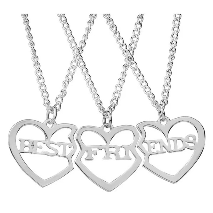Coliere Inima, Best Friends, 3 Lantisoare, Inima, Simbol Prietenie, Cadou Emotionant, Argintiu