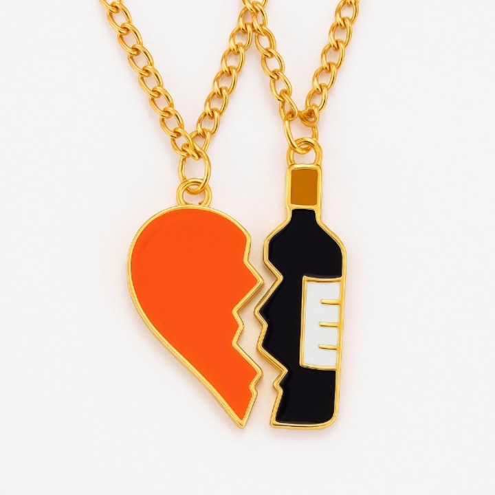 Lantisoare Cuplu, Inima Si Sticla, Set 2 Bucati, Design Amuzant, Auriu