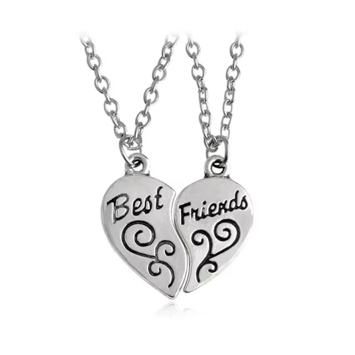 Coliere Best Friends, Pandantiv Inima Gravata, Set 2 Bucati, Argintiu Vintage