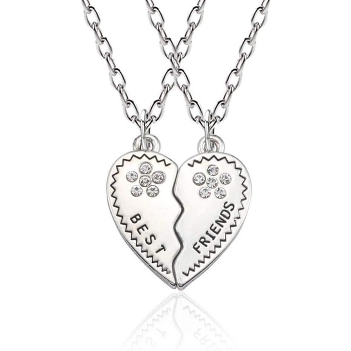 Set Lantisoare Prietenie, Inima Cu Flori Din Cristale, Argintiu, 2 Bucati