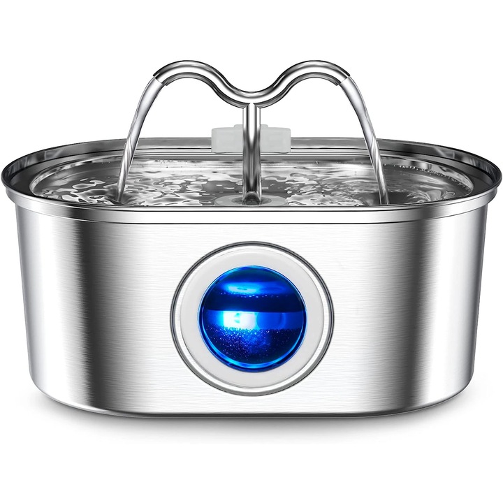 Automata szökőkút macskák és kutyák számára, rozsdamentes acél, 3.2 literes űrtartalom, vízoszlop-ablakos kialakítás, dupla keringtető modell