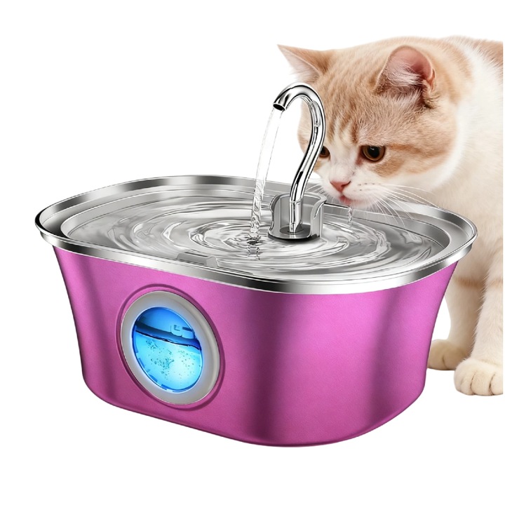 Fantana automata de apa potabila pentru pisici si caini, otel inoxidabil, capacitate 3,2 l, cu fereastra pentru nivelul apei, mod de circulatie dubla, violet