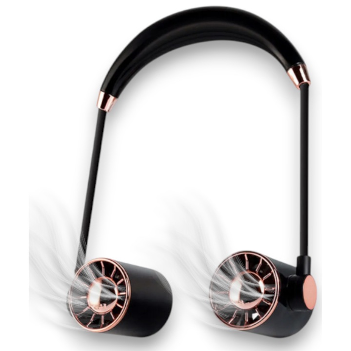 Преносим вентилатор за врата - 360° ефективно охлаждане, 3 скорости, батерия включена, регулируем до 65 см - черен