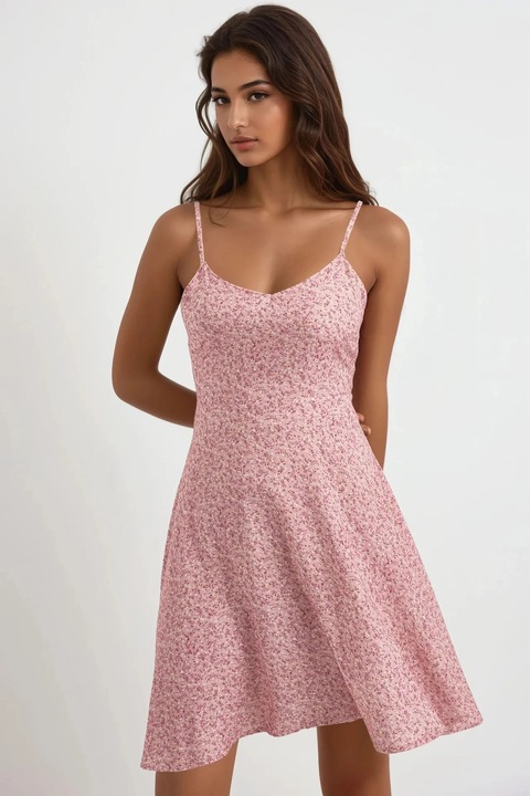 Мини рокля, HiCCUP, флорален принт, V-образно деколте, розова, памучна