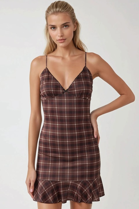 Rochie mini, HiCCUP, carouri, decolteu inima, maro, textil