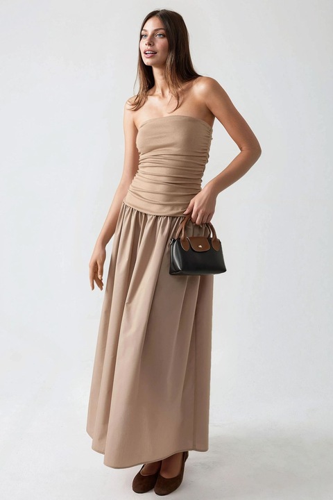 Макси рокля, HiCCUP, без презрамки, кафява, текстил