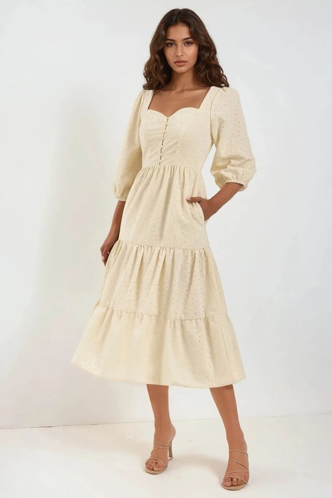 Макси рокля HiCCUP, яка тип сърце, бродирана, бежова, текстилен материал