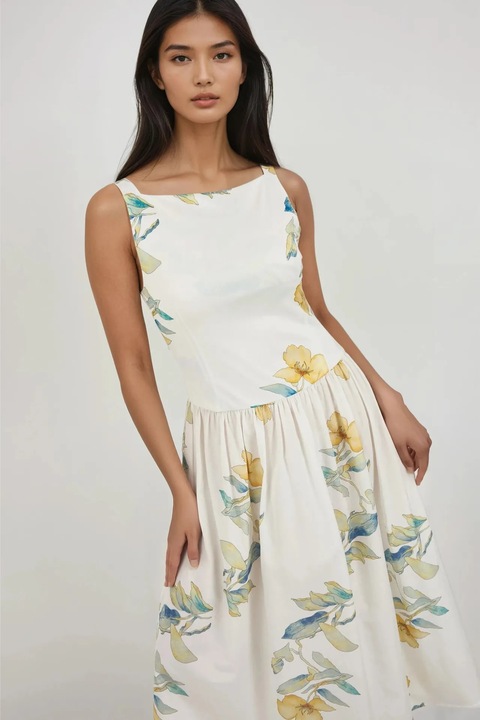 Rochie midi, HiCCUP, imprimeu, decolteu barca, alb, textil