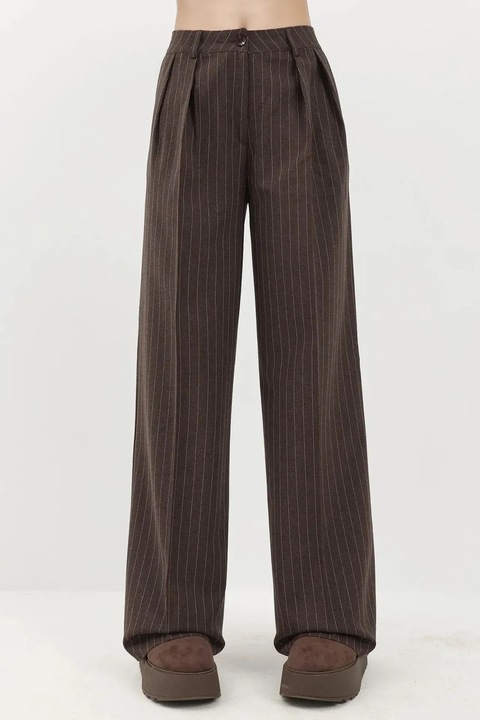 Pantaloni dama, Hiccup Palazzo, cu dungi, croiala larga, poliester/viscoza, maro