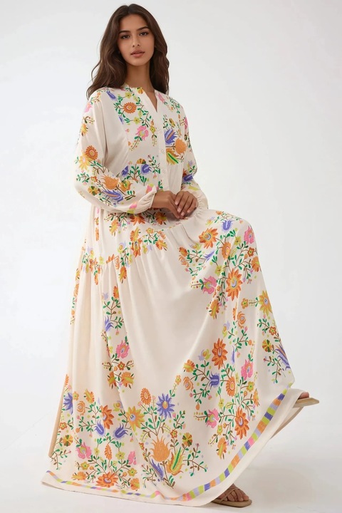 Rochie maxi, HiCCUP, decolteu in V, bej, textil