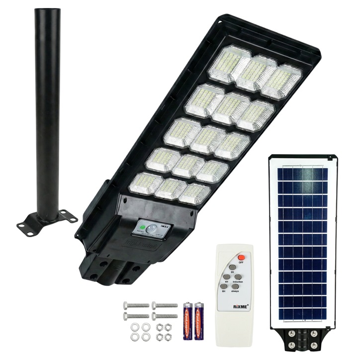 Lampa stradala solara LED 1000W Rixme, senzor miscare, telecomanda, IP65, 3 moduri, Lampa solara exterior Negru