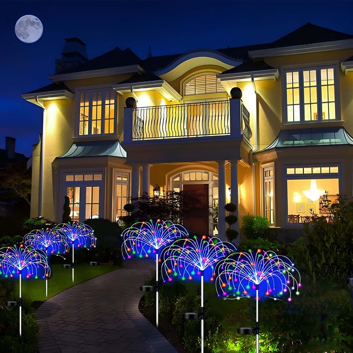 Set 6 lampi solare decorative de exterior, lumini colorate, courtyard lights, garden lights, 8 moduri de iluminare, 120 LED, DIY, IP65, telecomanda, usor de instalat, decoratiuni exterioare de peisaj, pentru gradina, terasa, curte, alee
