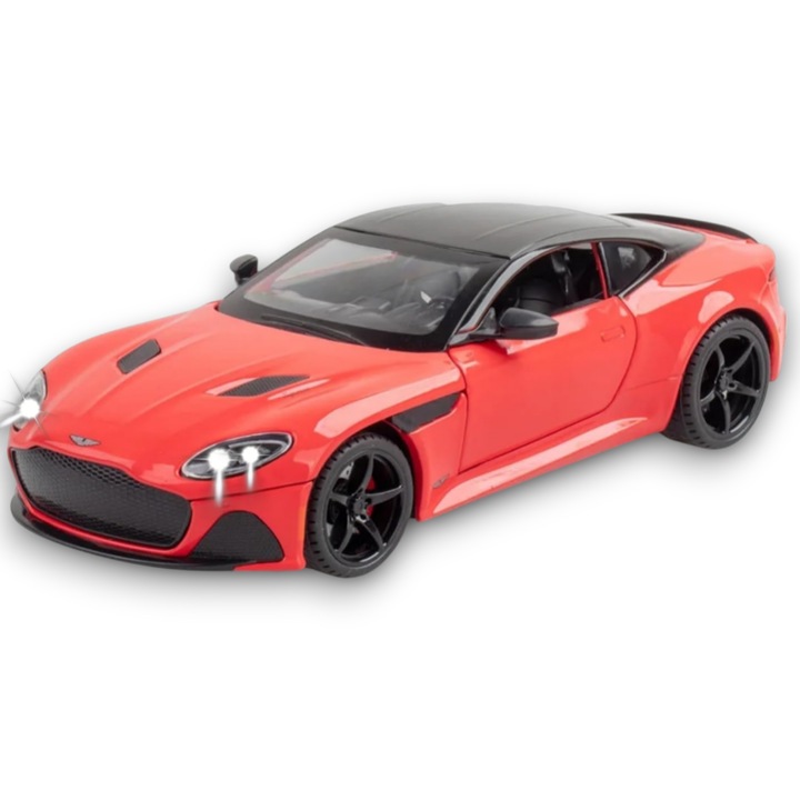 Aston Martin DB V12 Modellautó, Fém, 20 cm – Fényekkel, Hangokkal, Visszahúzó funkcióval és Mozgó elemekkel - Piros