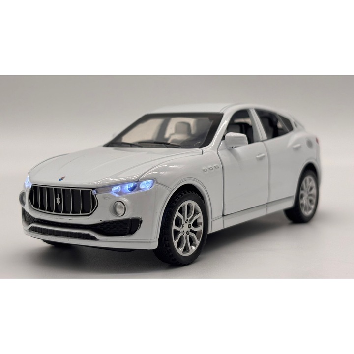 Maserati Levante Modellautó, Fém, 15 cm – Visszahúzó funkcióval, Hangokkal, Fényekkel és Mozgó Elemekkel - Fehér