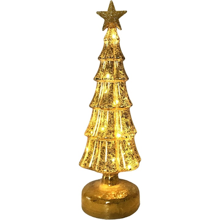 Decoratiune de Craciun, Model Brad cu Stea, din Sticla, Lumini, Baterii 3 AA, 31.5 x 9 cm, Auriu