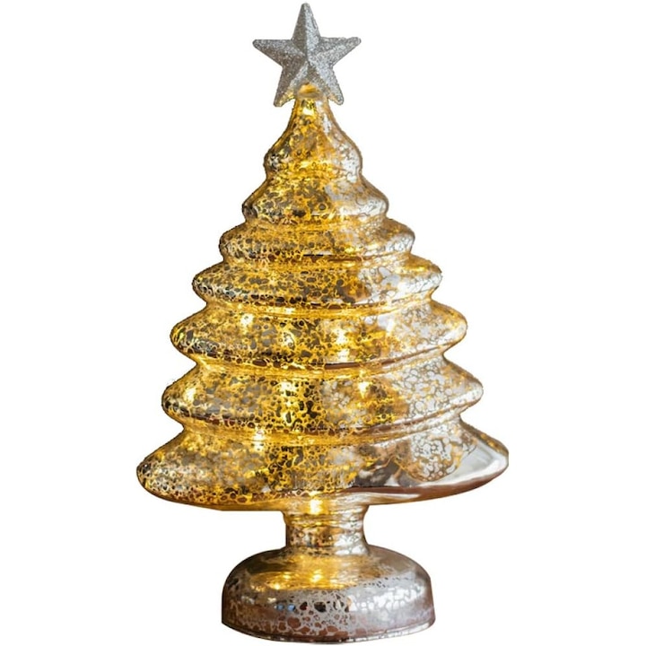 Decoratiune de Craciun, Model Brad cu Stea, din Sticla, Lumini, Baterii 3 AA, 22 x 9 cm, Auriu