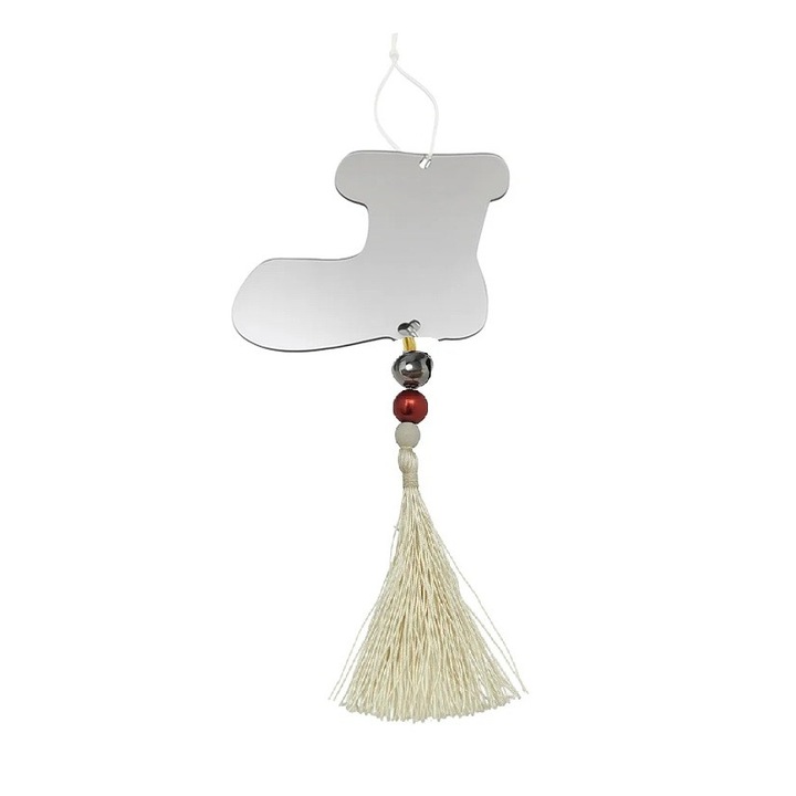 Decoratiune de Craciun, By Fitilomania, pentru Brad, Model Cizma de Mos cu Clopotel, Lucios, Argintiu