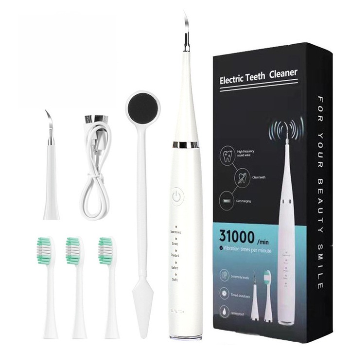 Periuta de dinti electrica 2 in 1, curatare ultrasonica, 5 moduri, 31.000 vibratii/min, alb