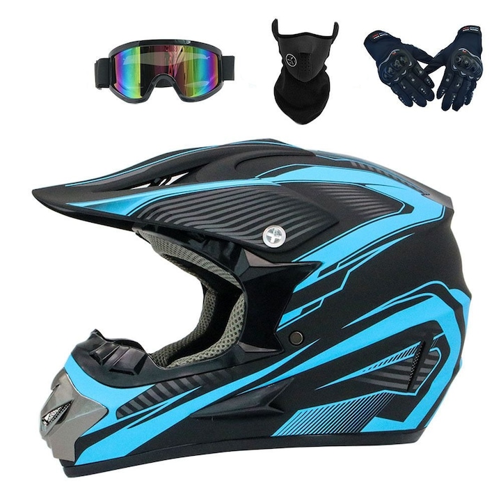 Casca motocicleta unisex, cu ochelari și mănuși, ventilată, albastru/negru, L