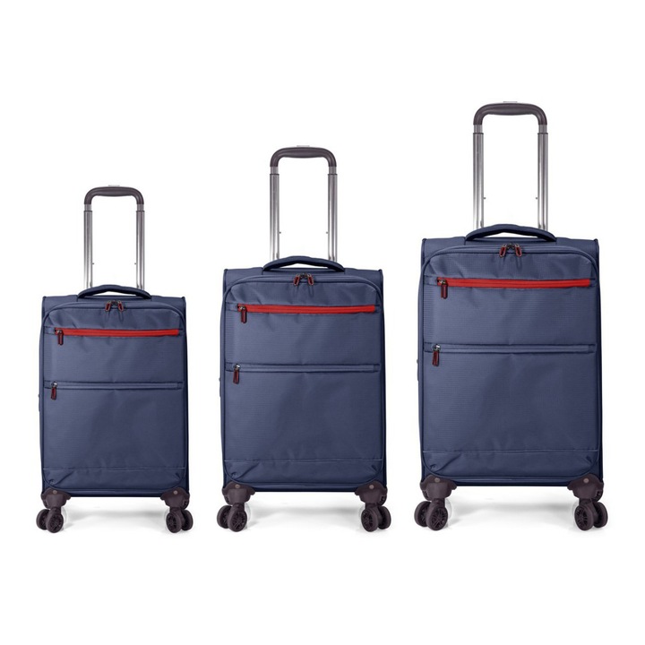 Set trolere extensibile Benzi BZ 5826, poliester, 1 bagaj de cabina si 2 de cala, 4 roti duble la 360°, bleumarin